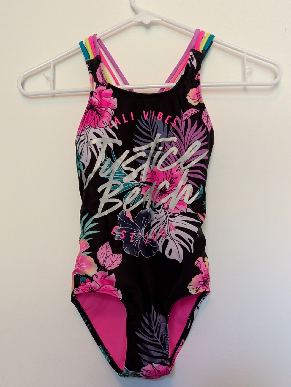 Justice Black One-Piece Swimsuit with Pink & Teal Tropical Print